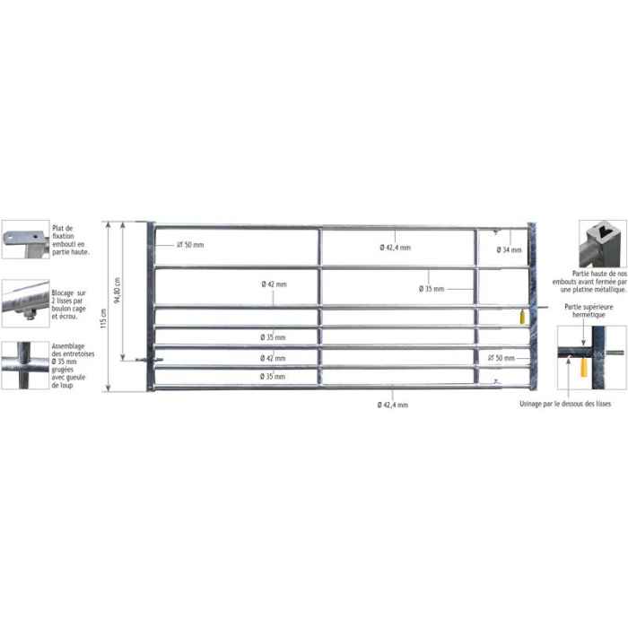 Barrière extensible 7 lisses 2/3m diam.42,4/35 mm, 1 verrou easylock