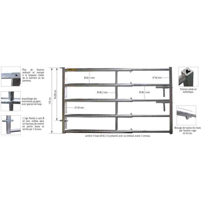 Embout AR Barrière/Panneau 0,90/2 m STABUL 5 lisses diam.60,3