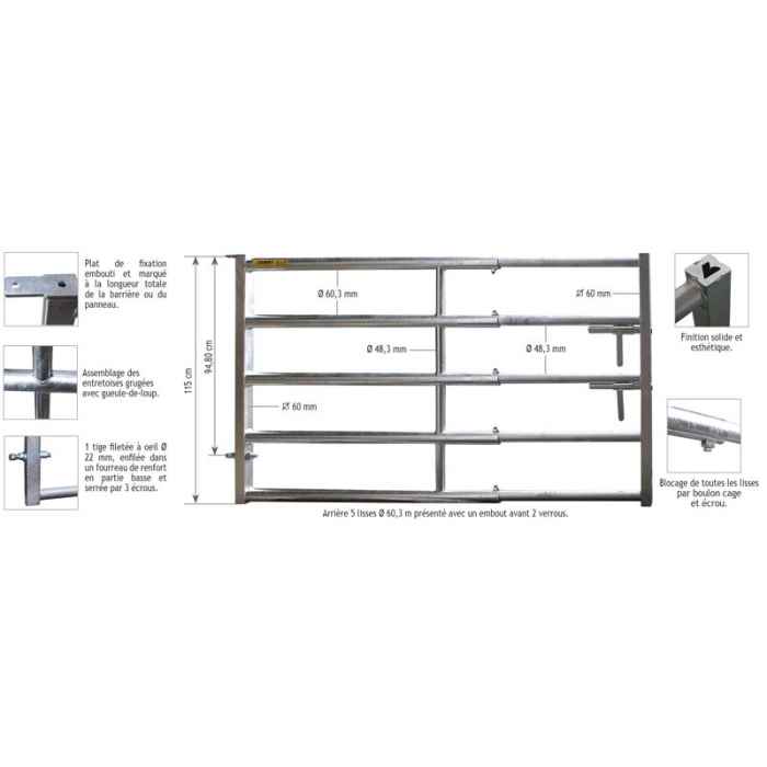 Embout AR Barrière/Panneau 0,90/2 m STABUL 5 lisses diam.60,3