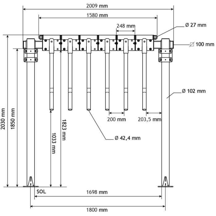 Module Finger gate P, larg 2m, avec poteaux renforcés sur platine 